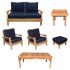 Royal Teak Collection P115NA Miami Deep Seating 6-Piece Teak Patio Conversation Set with Seating, Rectangular Coffee Table & Square Side Table, Navy Sunbrella Cushions