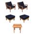 Royal Teak Collection P129NA Coastal Deep Seating 5-Piece Teak Patio Conversation Set with Chairs, Ottomans & Square Side Table, Navy Sunbrella Cushions
