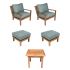 Royal Teak Collection P129SPA Coastal Deep Seating 5-Piece Teak Patio Conversation Set with Chairs, Ottomans & Square Side Table, Spa Sunbrella Cushions