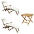 Royal Teak Collection P136WH 3-Piece Teak Patio Conversation Set with Steamer Loungers & 20-Inch Square Folding Picnic Table, White Steamer Cushions