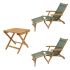 Royal Teak Collection P137MS 3-Piece Teak Patio Conversation Set with Sling Steamer Loungers & 20-Inch Square Folding Picnic Table, Moss Sling