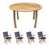 Royal Teak Collection P49NV 5-Piece Teak Patio Dining Set with 50-Inch Dolphin Round Table & Sailmate Sling Folding Arm Chairs, Navy Sling
