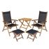 Royal Teak Collection P79BL 5-Piece Teak Patio Dining Set with 20-Inch Square Folding Picnic Table, Florida Reclining Chairs & Footrests, Black Sling