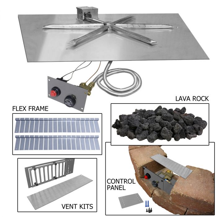 Firegear FPB-STPSI-PK Square Stainless Steel Gas Fire Pit Burner Kit for Paver Blocks with Spark Ignition