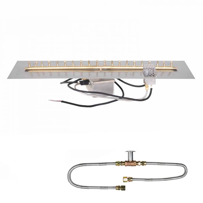 The Outdoor Plus Brass Linear Bullet Electronic Ignition Gas Fire Pit Burner Kit with Flat Pan