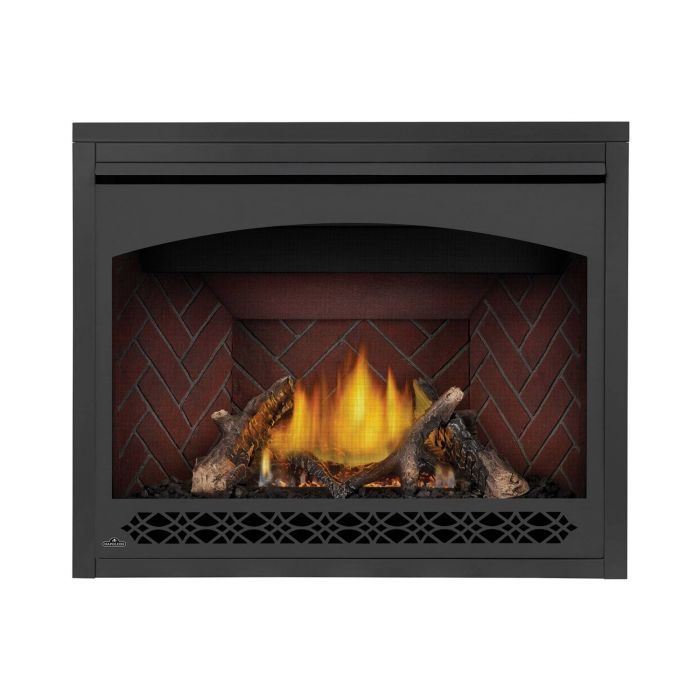 Napoleon GX42NTRE Ascent X Series Direct Vent Gas Fireplace shown with Old Town Red Herringbone, Black Heritage with Screen, and No Finishing Trim
