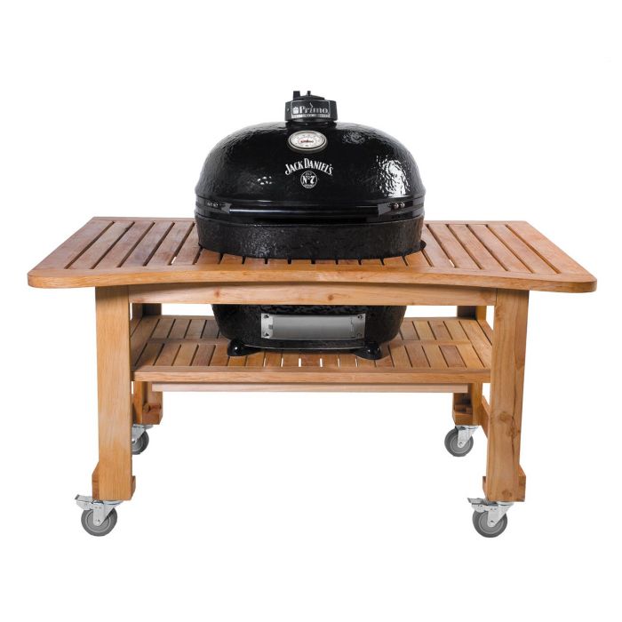 Oval XL 400 Ceramic Smoker Grill On Curved Cypress Table, Jack Daniel's Edition
