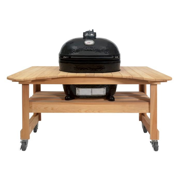 Oval XL 400 Ceramic Smoker Grill On Curved Cypress Table