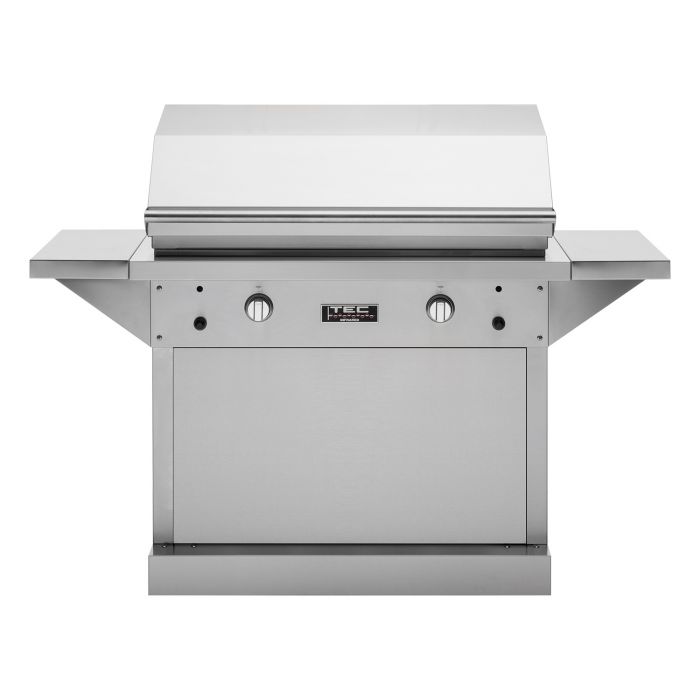 TEC Patio 2 FR Infrared Propane Gas Grill On Stainless Steel Pedestal with Two Side Shelves