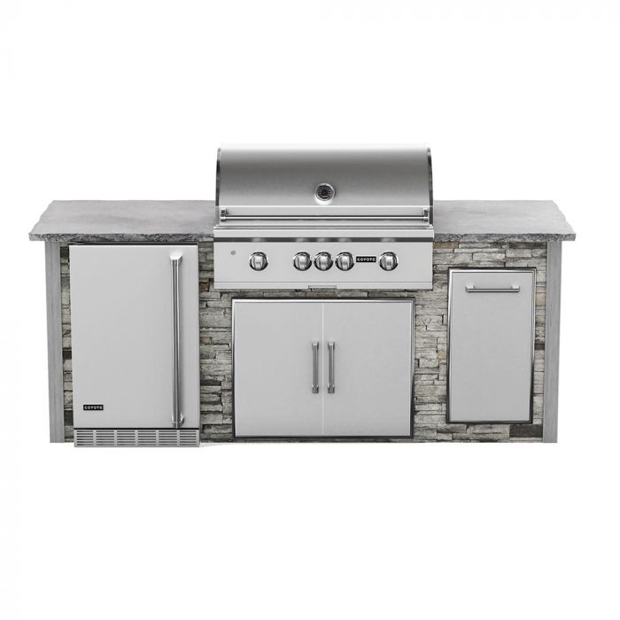 Coyote Ready-To-Assemble 8-Foot Outdoor Kitchen Island with 36-Inch S-Series Gas Grill 21-Inch Refrigerator Access Doors & Single Pull-Out Trash (RTAC-G8-P)