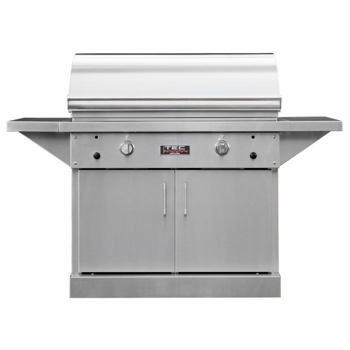 TEC Sterling Patio 2 FR Infrared Gas Grill On Stainless Steel Pedestal with Two Side Shelves