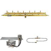 The Outdoor Plus Brass Linear H-Style Bullet Electronic Ignition Gas Fire Pit Burner Kit with Flat Pan