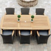 Royal Teak Collection P6 7-Piece Teak Patio Dining Set with 72/96-Inch Rectangular Expansion Table & Helena Full-Weave Wicker Chairs