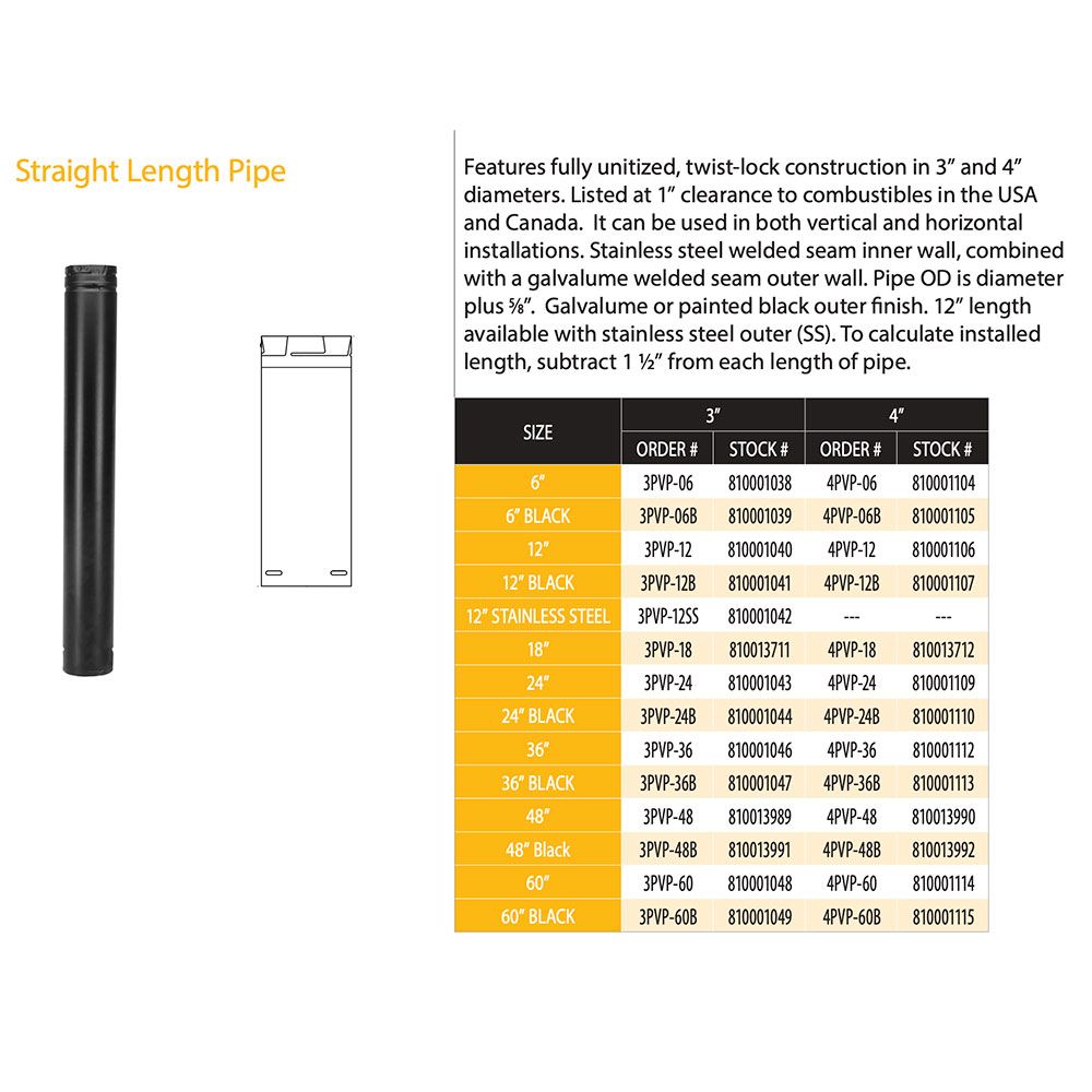 DuraVent 6 PelletVent Pro Straight Length Pipe, 3 / Black 3PVP-06B